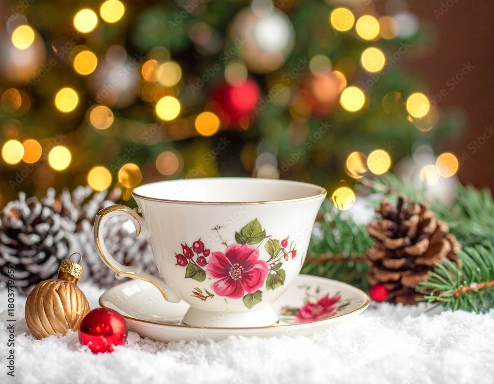 custom made wallpaper toronto digitalVintage Floral Teacup in a Cozy Christmas Setting