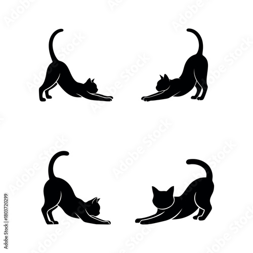 Black cat stretching silhouettes vector illustration isolated on white background