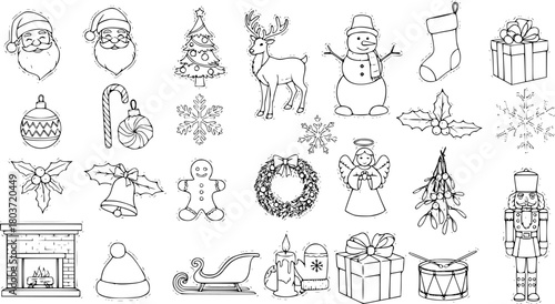 Christmas Holiday Elements Doodle Set: Santa, Tree, Gifts, Reindeer, Snowman, Ornament, Stocking, Angel, Nutcracker  More