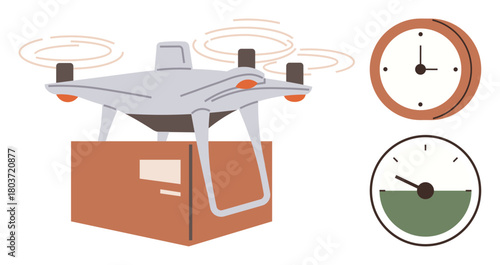 quadcopter carrying a parcel alongside analog clock and timer visuals, emphasizing swift delivery and optimization. Ideal for logistics, technology, innovation, timeliness, shipping, automation