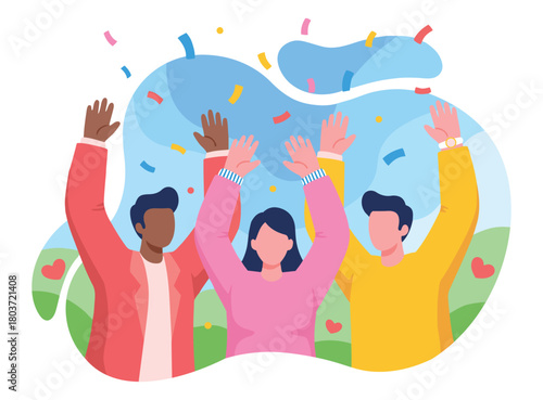 Illustration of a happy multiracial team raising their hands in celebration of a shared victory or achievement