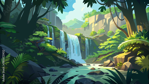 Dense jungle waterfall cascading through moss-covered rocks, sunlight rays illuminating misty tropical foliage, hyper-detailed photorealistic rainforest scene