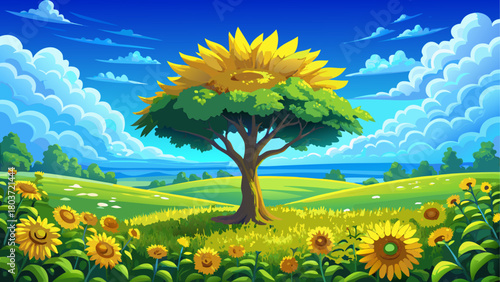 Giant blooming sunflower tree rising above endless yellow meadows, bright blue sky and soft clouds completing a magical photorealistic scene
