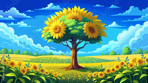 Giant blooming sunflower tree rising above endless yellow meadows, bright blue sky and soft clouds completing a magical photorealistic scene