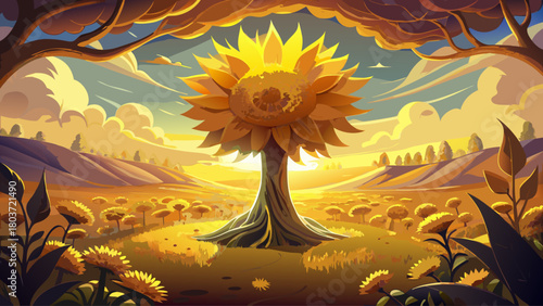 Radiant sunflower-shaped tree glowing under warm sunlight in a vast golden field, surreal photorealistic landscape with dreamy natural atmosphere