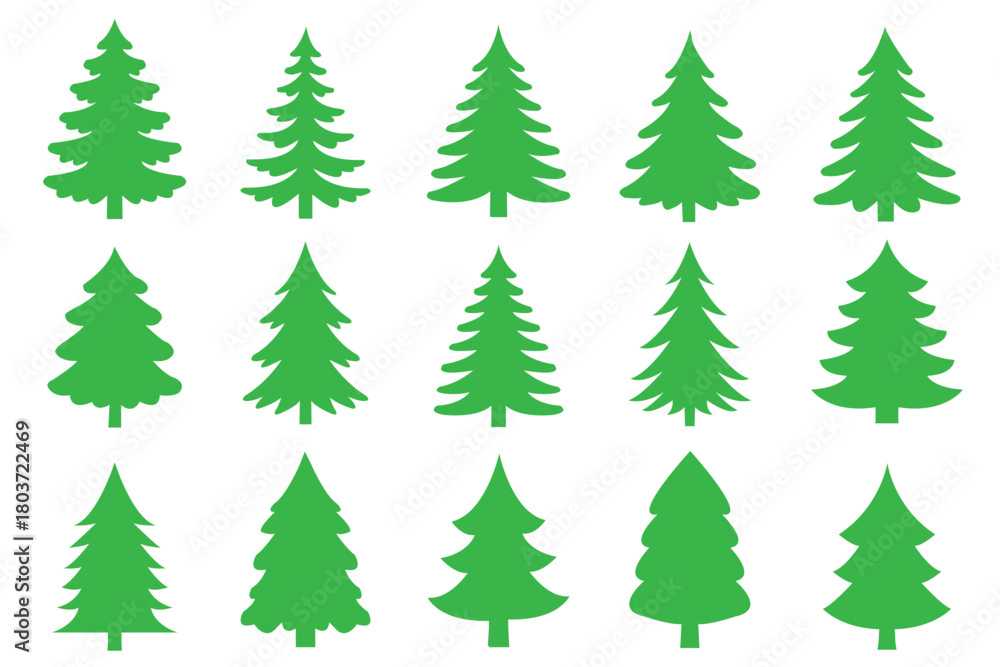 Obraz premium Ten dark green stylized Christmas trees with stars on white background pine tree fir tree