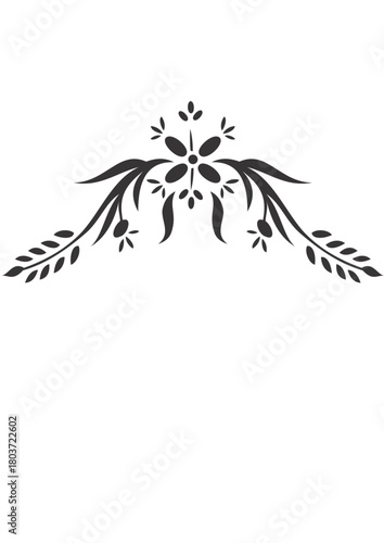 Floral design with a central flower and symmetrical branches with leaves and small buds in black and white