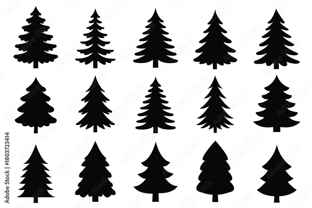 Obraz premium Ten dark green stylized Christmas trees with stars on white background pine tree fir tree