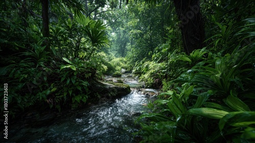 Serene forest stream winding through lush greenery in a tranquil rainforest landscape during the early morning