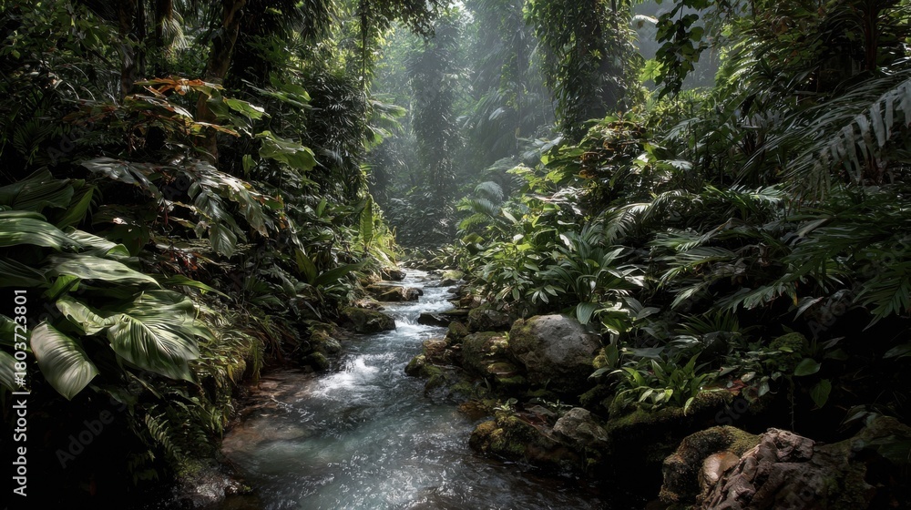 Fototapeta premium Lush tropical forest landscape with a serene stream flowing through rich greenery in the early morning light
