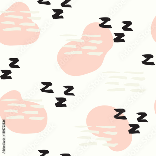 Hand painted blob shapes, stripes and z marks symbolizing sleep, in colors of peach, beige and black on off white background. Abstract seamless vector pattern. Great for home decor, fabric, wallpaper.