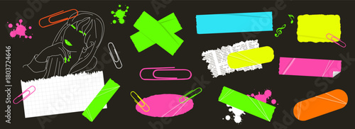 Vibrant neon collage elements set on a black background. Includes bright adhesive tape torn paper notes, paper clips, paint splatters, and a line art silhouette of a girl. Grunge, Y2K, and 90s aesthet