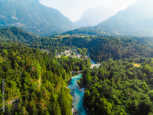 Wonderful Soca river and gorge in the green forest, Bovec, Slovenia. Kayaking destination in Slovenia in Triglav National park