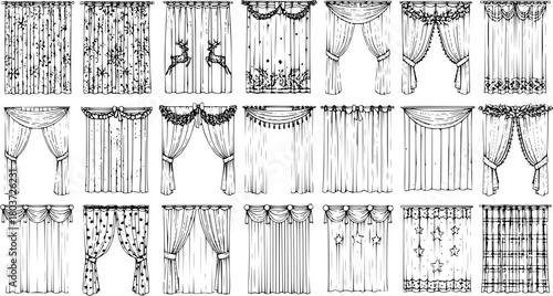 Hand-Drawn Collection of Various Window Curtains and Drapes Designs, Black and White Sketch Style