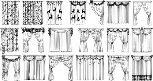 Detailed hand-drawn sketch collection of diverse curtain and drape designs. Set features elegant, traditional, modern, and Christmas-themed window treatments in line art.