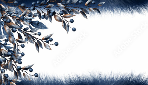 Artistic floral corner frame with elegant blue branches, leaves, and berries on a white background with a soft, feathery border