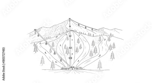 Minimalist Ski Resort with Trees, Cable Car and Skiers — engraving sketch, black and white vintage vector illustration