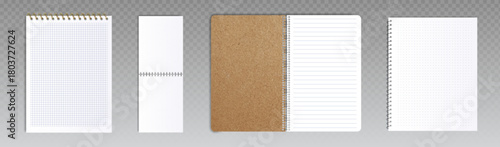 Spiral binder notebooks set isolated on transparent background. Vector realistic illustration of open big and small notepads with blank grid and line pages, office stationery, business or school diary