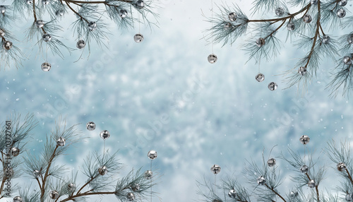 Ethereal winter background featuring frosted pine branches with glistening frozen water droplets on a serene snowy backdrop
