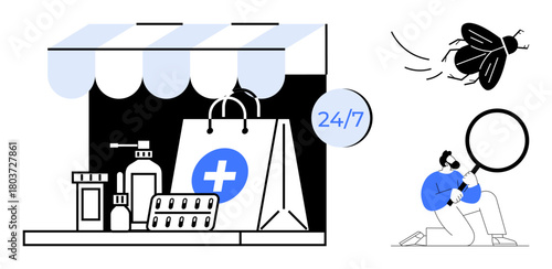 Pharmacy storefront with medical supplies and 247 label next to an oversized insect and a figure inspecting it with a magnifying glass. Ideal for healthcare, hygiene, pest control, pharmaceutical