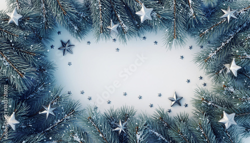Festive Holiday Frame Silver Stars and Snowy Pine Branches for Christmas Season