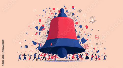 A giant bell with tiny dancing people and confetti on pink background with text space for festive retail banners, cards  and promotions
