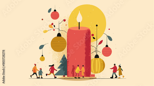 Giant candle with tiny people carrying ornaments, minimal warm illustration with space for text for decor, posters or packaging