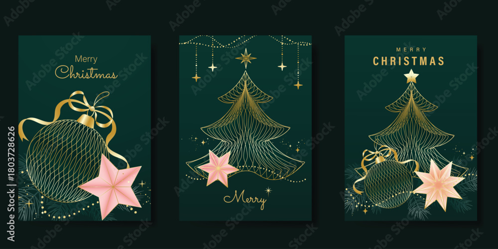Fototapeta premium Merry Christmas and Happy New Year greeting card vector set. Luxury invitation with Christmas tree, leaves, sparkle, spot texture on green background. Design illustration for season's card, ads.