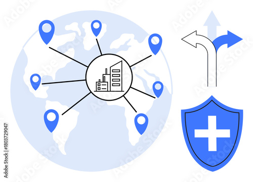Map of the world with location markers linked to a central building, decision arrows, and a safety shield. Ideal for global business, logistics, strategy, protection, navigation, planning risk