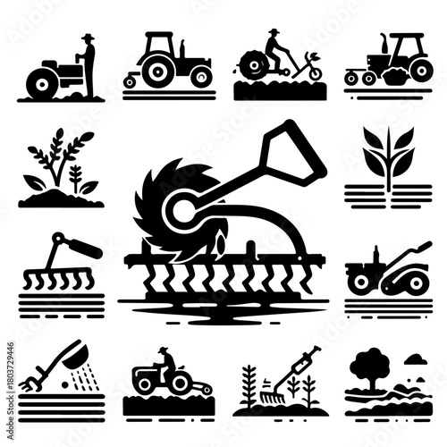 Collection of black and white agricultural icons depicting farming equipment and the process of cultivation