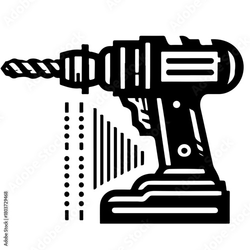 Illustration of a black cordless drill with a drill bit and vertical lines and dots on the side