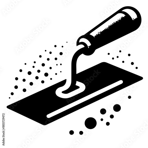 Illustration of a trowel dispensing a substance onto a flat surface with scattered droplets around it