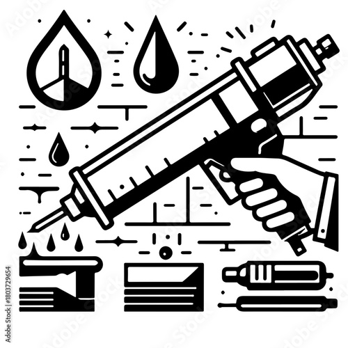 Illustration of a caulking gun held by a hand with drips and other tools on a brick wall background