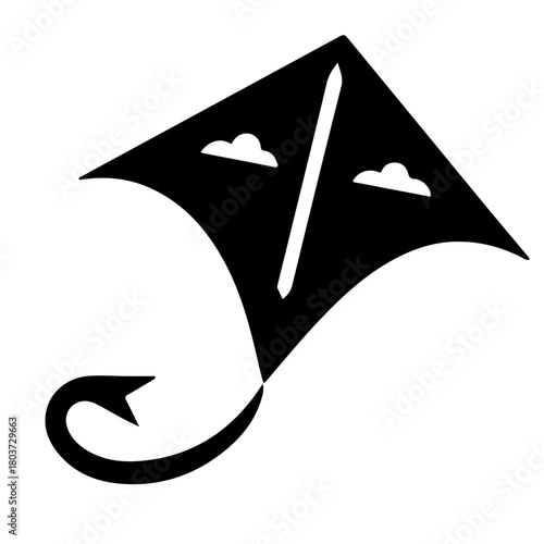 Black and white graphic of a kite with cloud details and a curly tail design element shown clearly