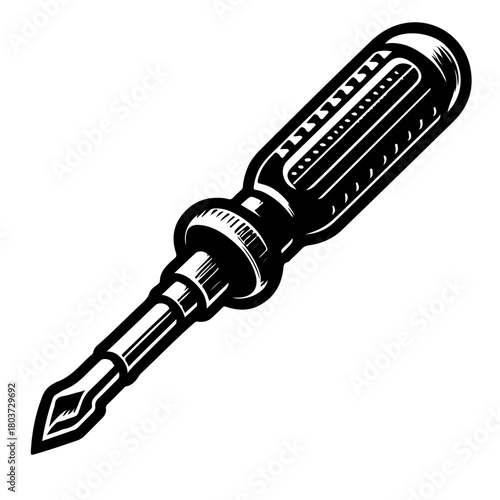 Illustration of a flat head screwdriver with a black handle and a metal shaft, in a vector format