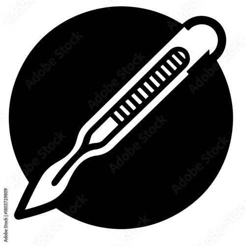 Illustration of a surgical scalpel with a black circular background in a simple graphic style