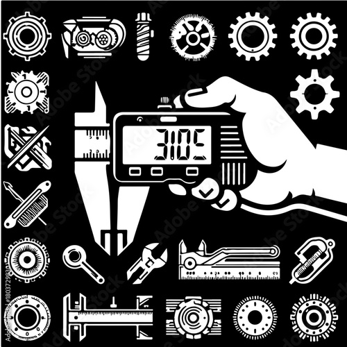 Illustration of a hand holding calipers with gears and tools displayed in a black and white design