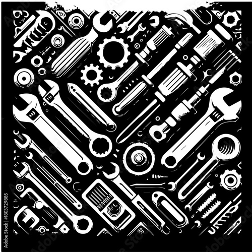 Monochrome illustration featuring an assortment of tools and mechanical components in a dense layout