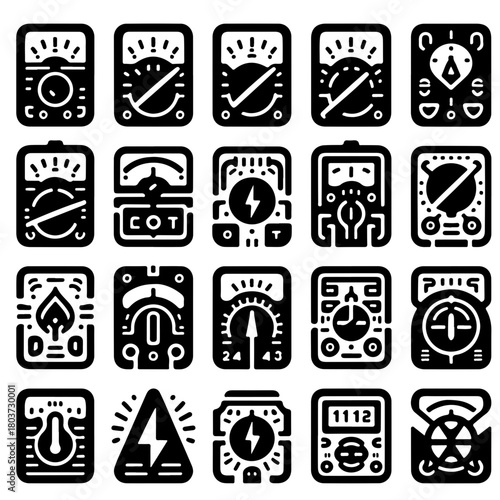 Collection of various electrical meters and gauges displayed in a grid pattern with black fill design