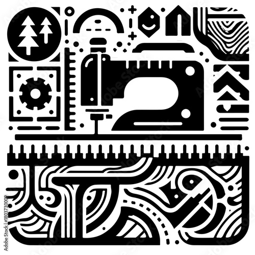 Detailed black and white illustration of a sewing machine with trees, gears, and abstract designs around it