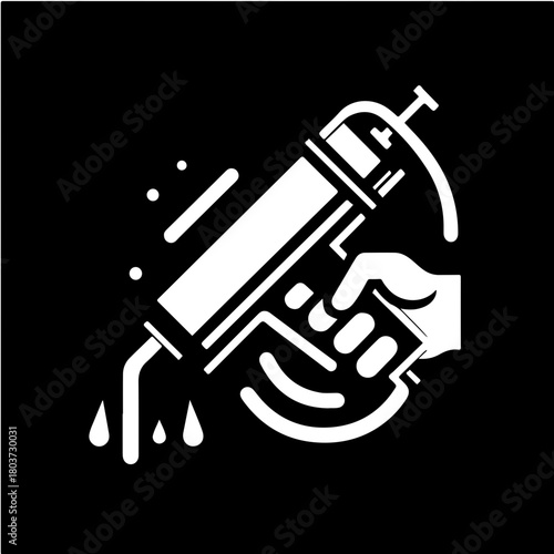 Illustration of a caulking gun being held by a hand with sealant dripping out on a black background