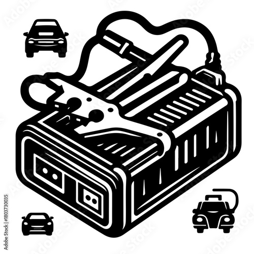 Black and white graphic of a car battery charger with jumper cables and three cars around it