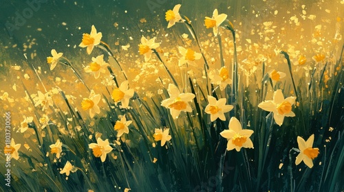 Field of wild daffodils, bright yellow and cheerful, swaying in a gentle breeze, dew-kissed petals, eye-level perspective