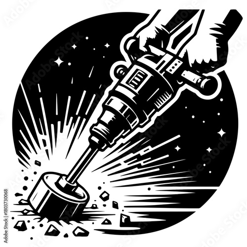 Illustration of a hand holding a jackhammer drilling into a surface with debris and sparks flying out
