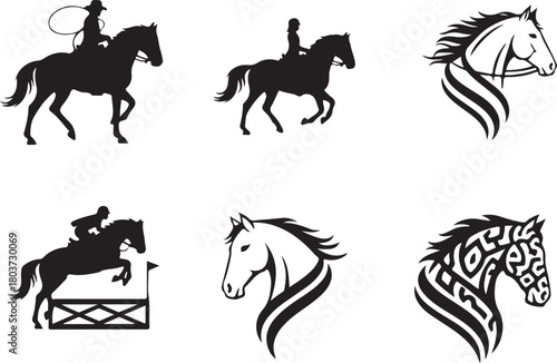 Black & White Horse Riding, Jumping, and Head Silhouettes Vector Set.