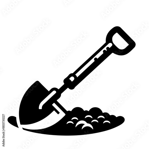 Illustration of a shovel digging into a pile of dirt with a black and white color scheme used here