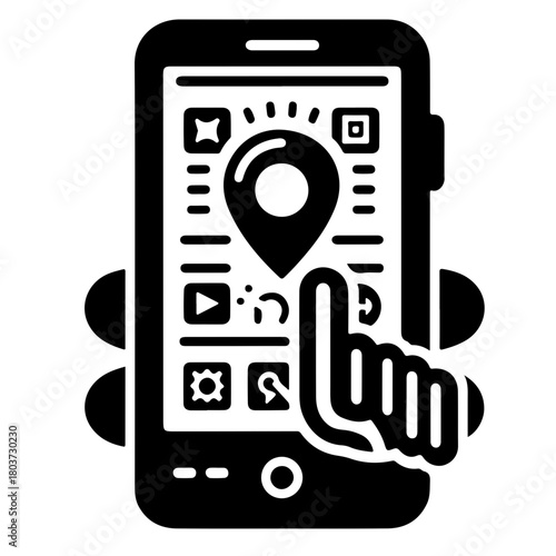 Hand interacting with a mobile phone screen displaying a map location and various app icons there too