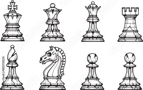 Detailed Chess Pieces Line Art Vector Set