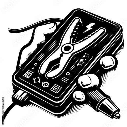 Hand holding a portable jump starter with clamps and a car adapter in black and white style