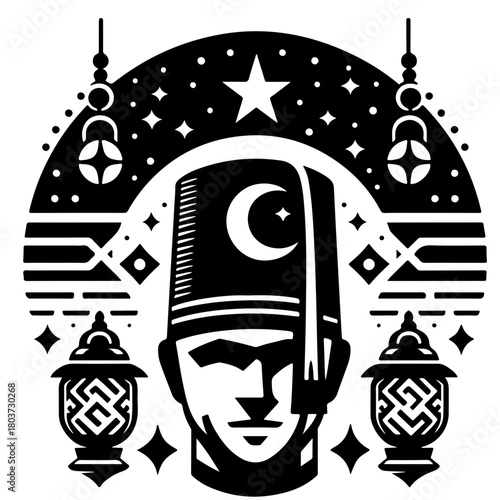 Illustration of a man wearing a fez with a crescent moon surrounded by stars and lanterns in black and white